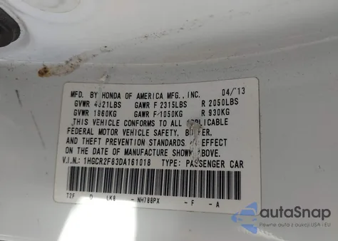 2013 Honda Accord Ex-L from USA, damaged, VIN 1HGCR2F83DA161018